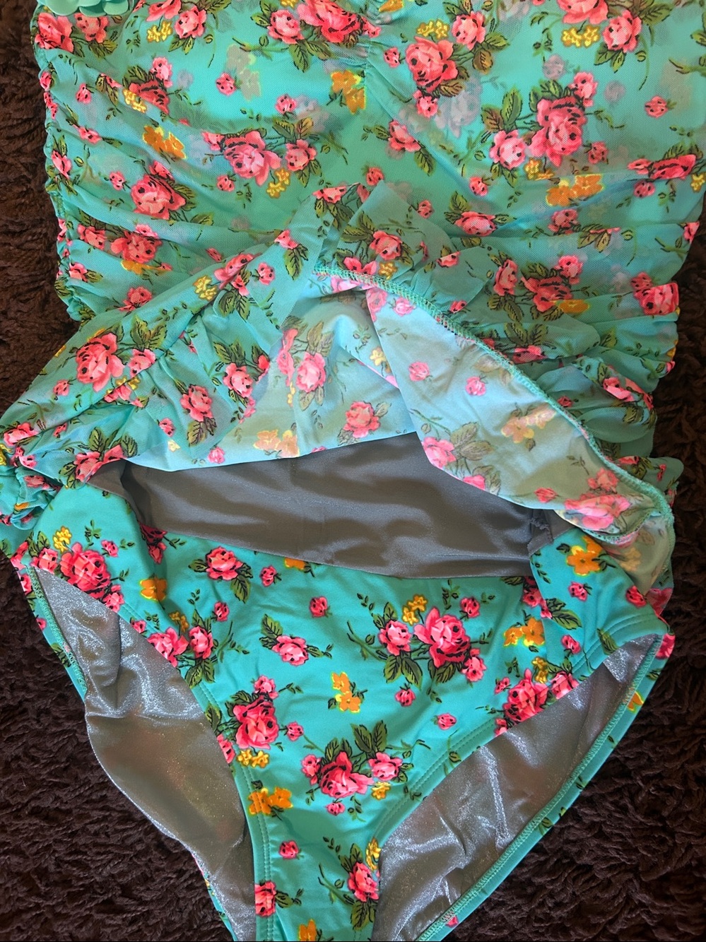NWT Betsey Johnson Aqua Floral Ruffled One-Piece Swimsuit W/Optional Straps - Picture 3 of 4